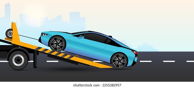 Towing service concept banner. Red sport car with damaged engine on country road. Young woman call to insurance and waiting the evacuator truck to transportation on repair station. Vector illustration