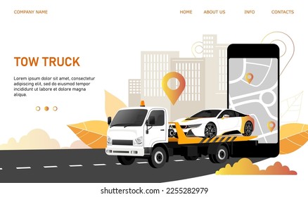 Towing service concept banner. White sport car with damaged engine transportation by tow truck. Smartphone with insurance application and select address workshop center on display. Vector illustration