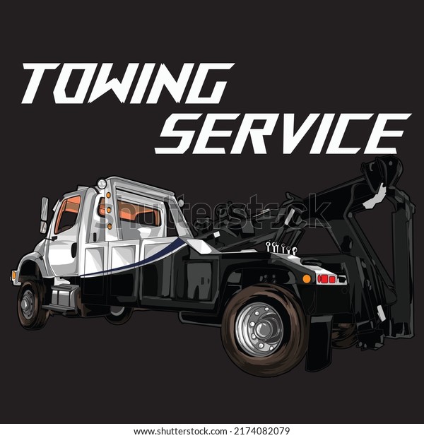 towing service isolated on\
black background for poster, t-shirt print, business element,\
social media content, blog, sticker, vlog, and card. vector\
illustration.