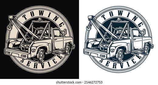 Towing service monochrome round emblem with pickup eqquiped hoist and lifting system, tire in enclosed cabin, vector illustration