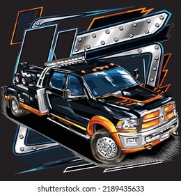 towing service truck isolated on black background for poster, t-shirt print, business element, social media content, blog, sticker, vlog, and card. vector illustration.