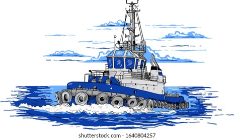towing the ship slices through the waves of the sea