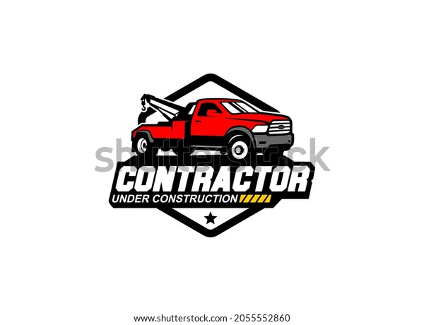 Towing truck service logo vector for\
transportation company. Heavy equipment template vector\
illustration for your\
brand.