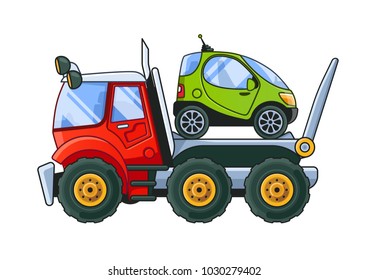 Towing Truck with a Tiny Car Side View. Colored Illustration.