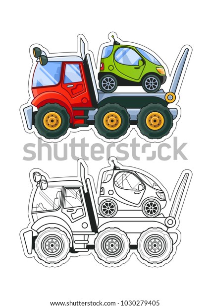 Towing Truck with a Tiny Car Side View\
Coloring Book. Colored Illustration  Line\
Art.