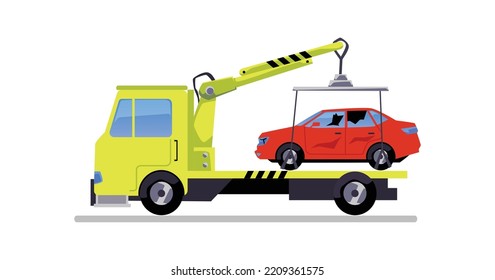 Towing truck transporting a car, flat cartoon vector illustration isolated on white background. Roadside service and towing truck banner or poster design.