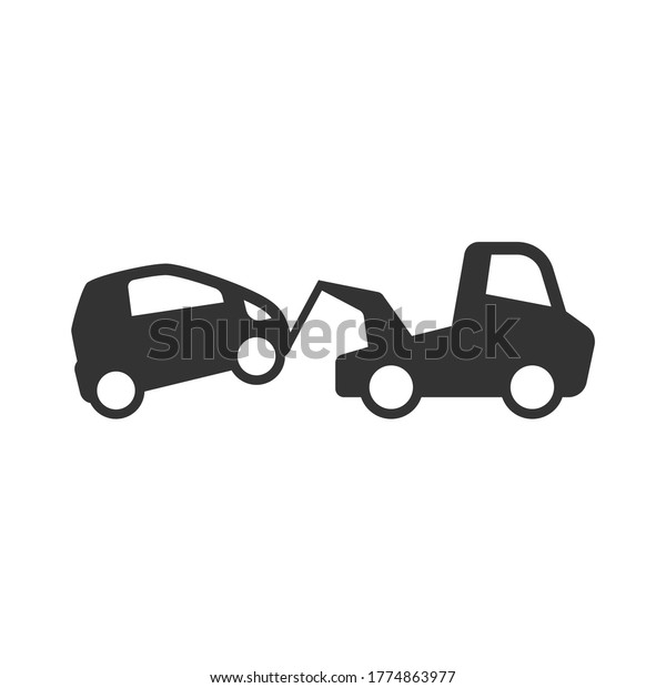 Towing wrecker truck\
and car simple  vector icon. Car accident, wreck or tow help\
service black glyph\
symbol.