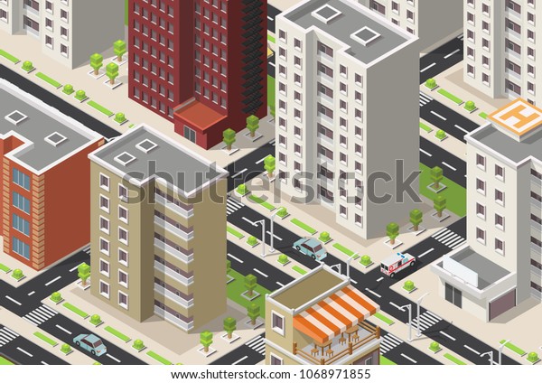 Town 3d isometric concept with buildings\
and skyscrapers vector\
illustration.