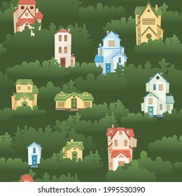 Town among the trees. Seamless illustration with cartoon village or city houses. Day. Nice cozy private residence in traditional style. Background. Nice funny home. Vector