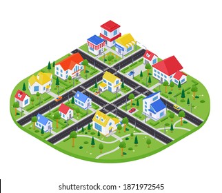 Town architecture - modern vector colorful isometric illustration. Landscape with housing complex, apartment houses, cottages, cafes and shops road with cars. Real estate, construction industry idea