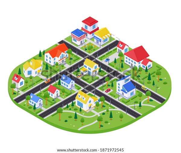 Town architecture - modern vector colorful isometric\
illustration. Landscape with housing complex, apartment houses,\
cottages, cafes and shops road with cars. Real estate, construction\
industry idea