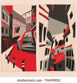 Town art gouache vector illustration. Red, grey, beige colors painting. Hand drawn image. Hand made poster. City artwork concept. Decor, decorative picture.