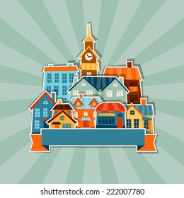 Town background design with cute colorful sticker houses.