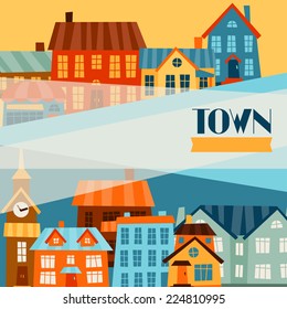 Town background design with cute colorful houses.