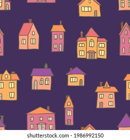 Town background. Seamless cute town vector pattern. European town.