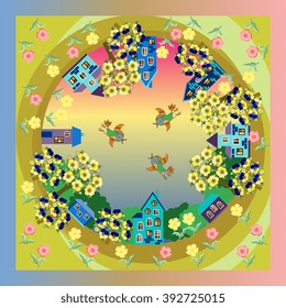 Town. Bandana. Spring evening. Silk neck scarf. Sarong or lovely tablecloth. Kerchief square pattern design style for print on fabric. Vector template for pillowcase, cushion, bedding, carpet.