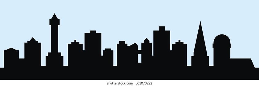 town, banner, vector icon, black silhouette on blue background