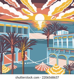 Town beach sunset. Vector hand drawn illustration with summer theme