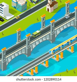 Town bridge landscape. Building footbridge pedestrian car overpass road viaduct vector isometric landscape. Bridge road isometric, railroad isometry and roadway illustration