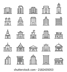 Town buildinds line vector set. Outline town buildings witch house, church, high rise building, office icons