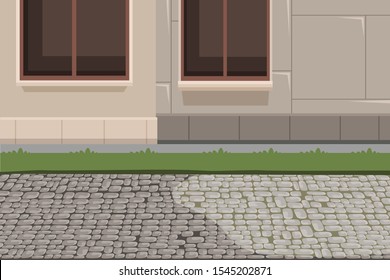 Town building exterior and pavement background. House facade basement, grass lawn and stone footpath flat vector illustration. Paving slabs, sidewalk backdrop. City architecture concept