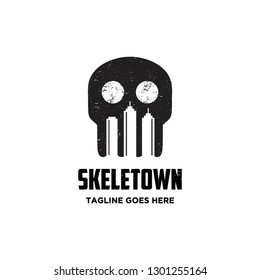 town building landmark in skeleton head skull logo icon vector template