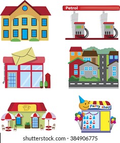 Town buildings, coffee shop, gas station, post office, party store