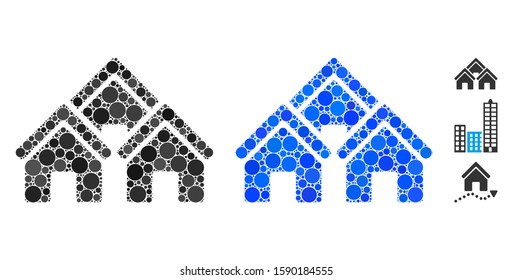 Town buildings composition of filled circles in different sizes and color tints, based on town buildings icon. Vector filled circles are composed into blue composition.