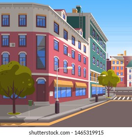 Town with buildings and empty street, 3d look of city road and houses. Bushes and trees, greenery cityscape. Skyline, crossroad with zebra. Cityscape with houses facades. Ubran landscape. Flat cartoon