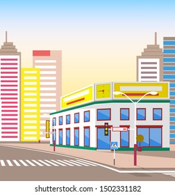 Town with buildings and empty street, 3d look of city road and houses. Sunshine cityscape. Skyline, crossroad with zebra. Cityscape with houses facades. Ubran landscape. Shop at corner of intersection