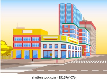 Town with buildings and empty street, 3d look of city road and houses. Bushes and trees, sunshine cityscape. Skyline, crossroad with zebra. Cityscape with houses facades. Ubran landscape. Flat cartoon