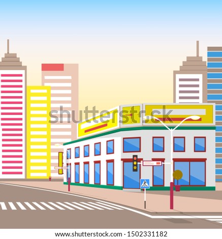 Town with buildings and empty street, 3d look of city road and houses. Sunshine cityscape. Skyline, crossroad with zebra. Cityscape with houses facades. Ubran landscape. Shop at corner of intersection