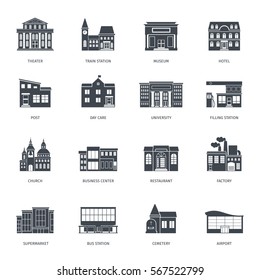 Town buildings front view set. City building vector icons isolated on white background.