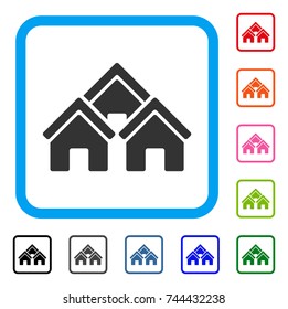 Town Buildings icon. Flat grey iconic symbol in a blue rounded square. Black, gray, green, blue, red, orange color versions of Town Buildings vector. Designed for web and app user interface.