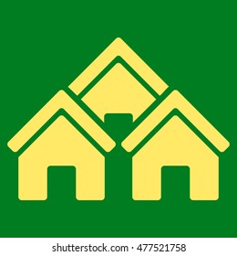 Town Buildings icon. Vector style is flat iconic symbol, yellow color, green background.