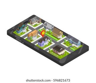 Town buildings isometric smartphone composition with cottage estate houses and location sign on top of gadget screen vector illustration