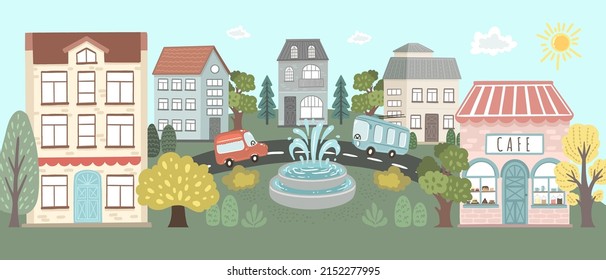 Town, buildings and road. Wall mural for kid room decoration. Vector hand drawn illustrations