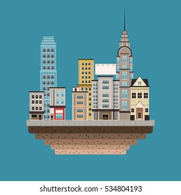 town buildings shops first floor blue background