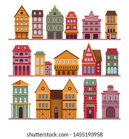 Town buildings urban architecture classic design vector isolated houses and mansions apartments or flats in multistorey dwelling constructions facades columns and windows triangular roof tower