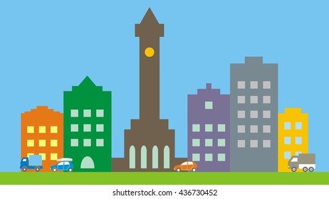 town and car, colored houses, vector icon