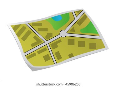 town card with road, house, wood and lake