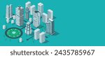 Town center, city skyscraper building, urban street cityscape, business downtown, modern construction. District infrastructure. Teal background. Isometric vector illustration