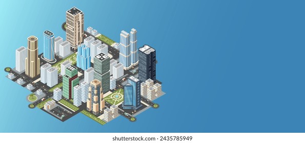 Town center, city skyscraper building, urban street cityscape, business downtown, modern construction. District road infrastructure. Blue background. Isometric vector illustration