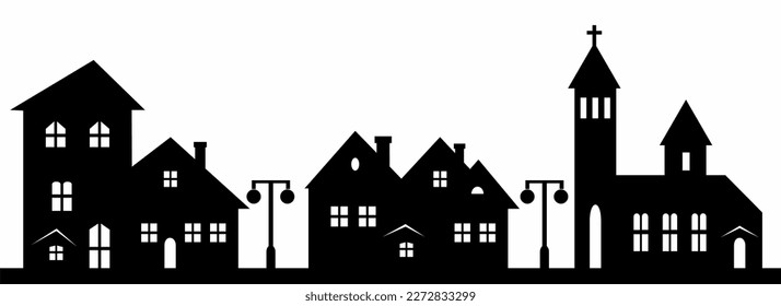 Town with church, street lamps, decorative vector illustration, black silhouette. Transparency design. Art.