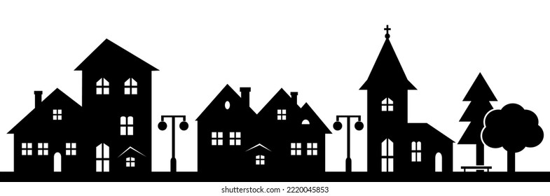 Town with church, street lamps and forest park, decorative vector illustration, black silhouette. Transparency design.