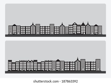 Town cities silhouette icon set