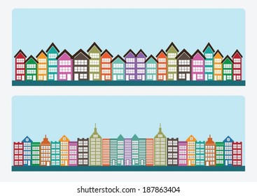 Town cities silhouette icon set