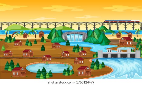 Town or city and bridge train landscape scene in cartoon style illustration