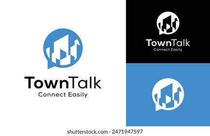 Town City Building with Bubble Speech Chat in Modern Minimal Style for Urban Conversation Discussion News Community Group Social Media Platform App Logo Design Template