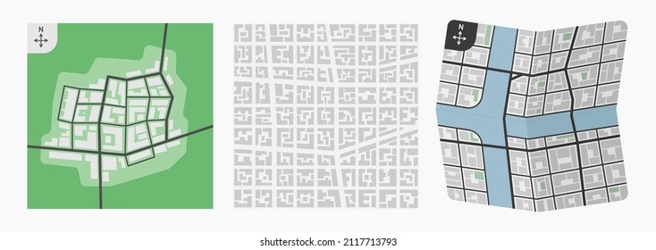 town city downtown vector map set flat illustration
